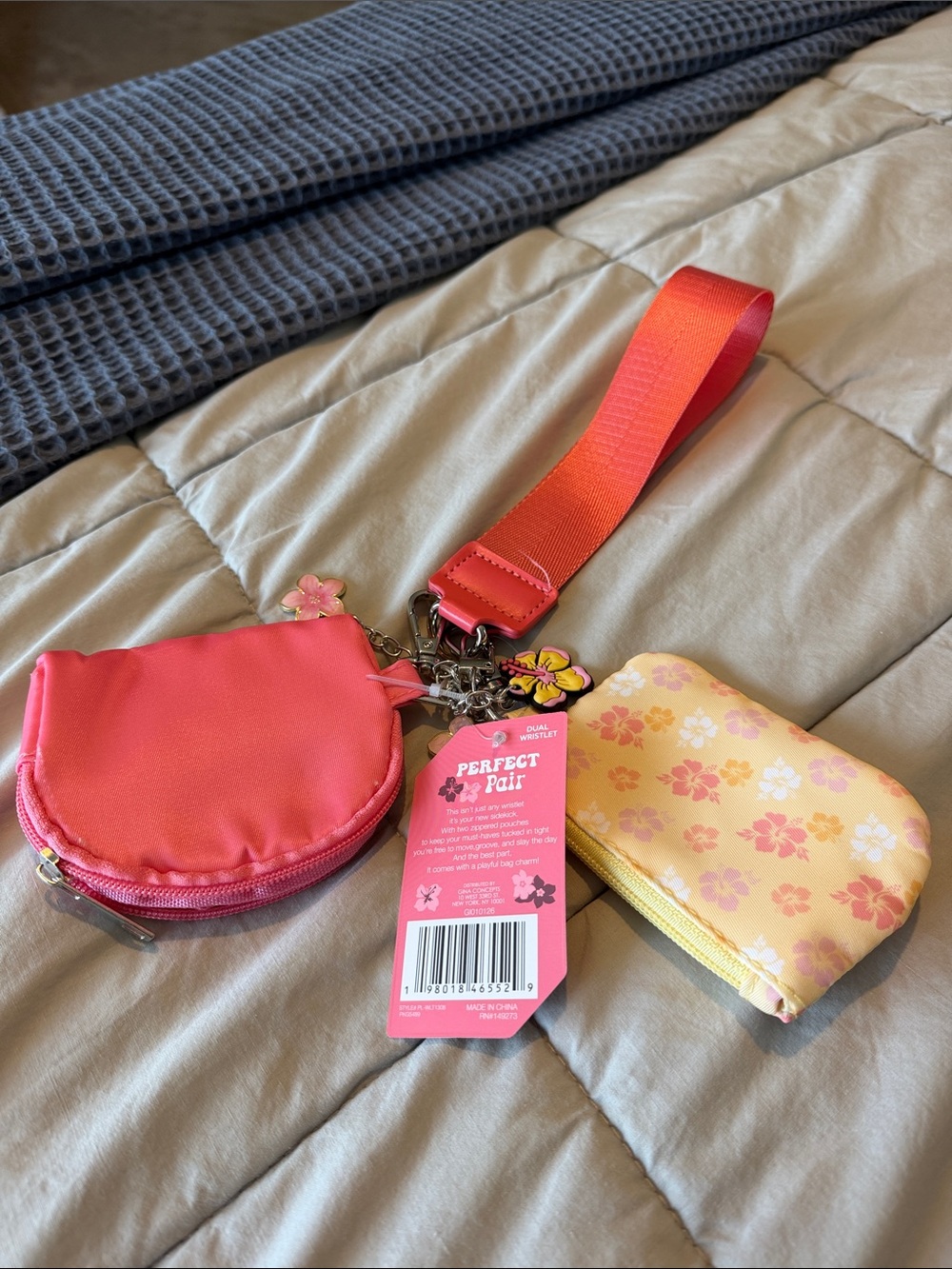 Kids Coral and Yellow Floral Coin Pouch Set with Wrist Strap